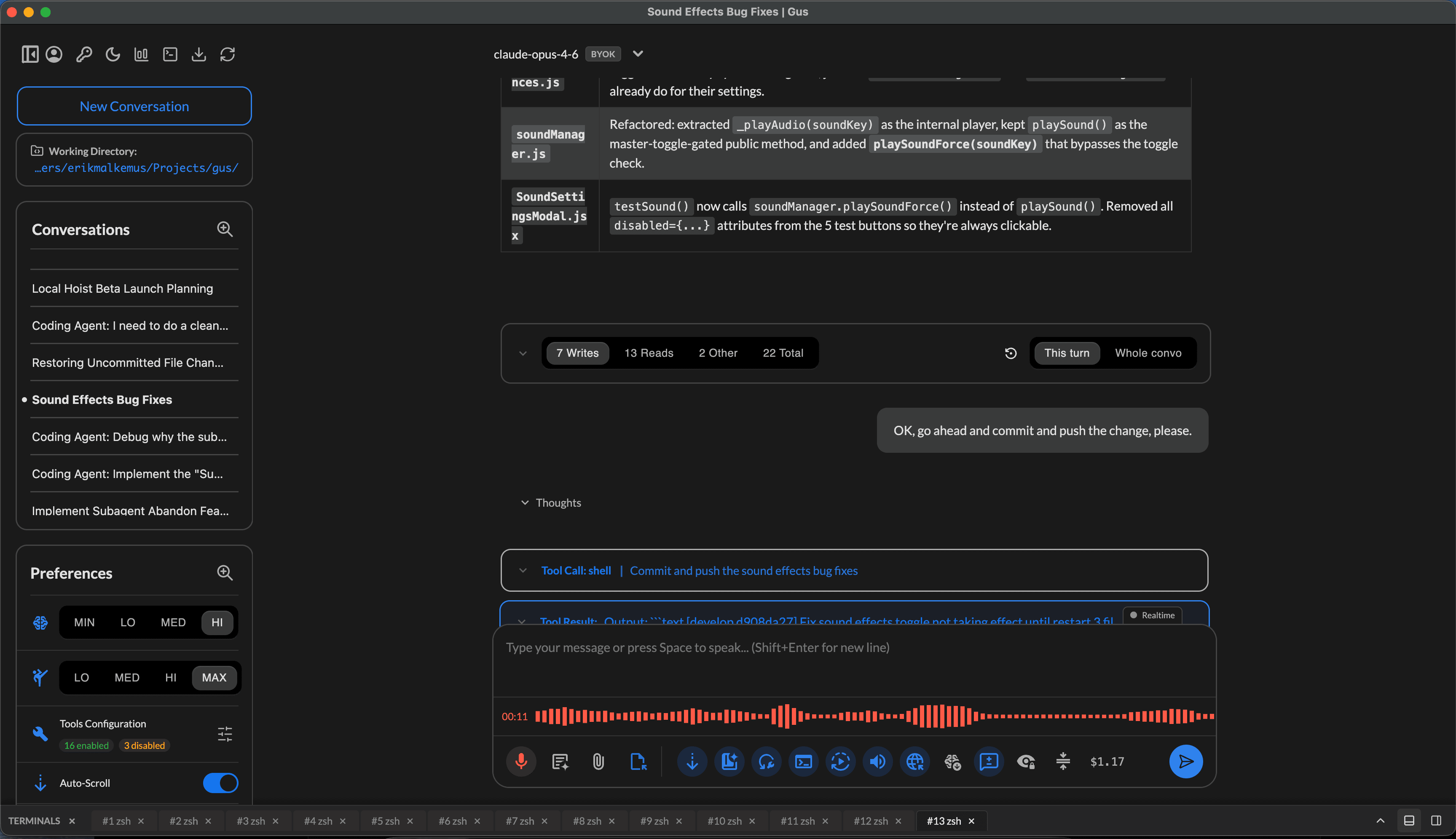 Local Hoist interface showing a coding conversation with tool calls, file changes, and voice input