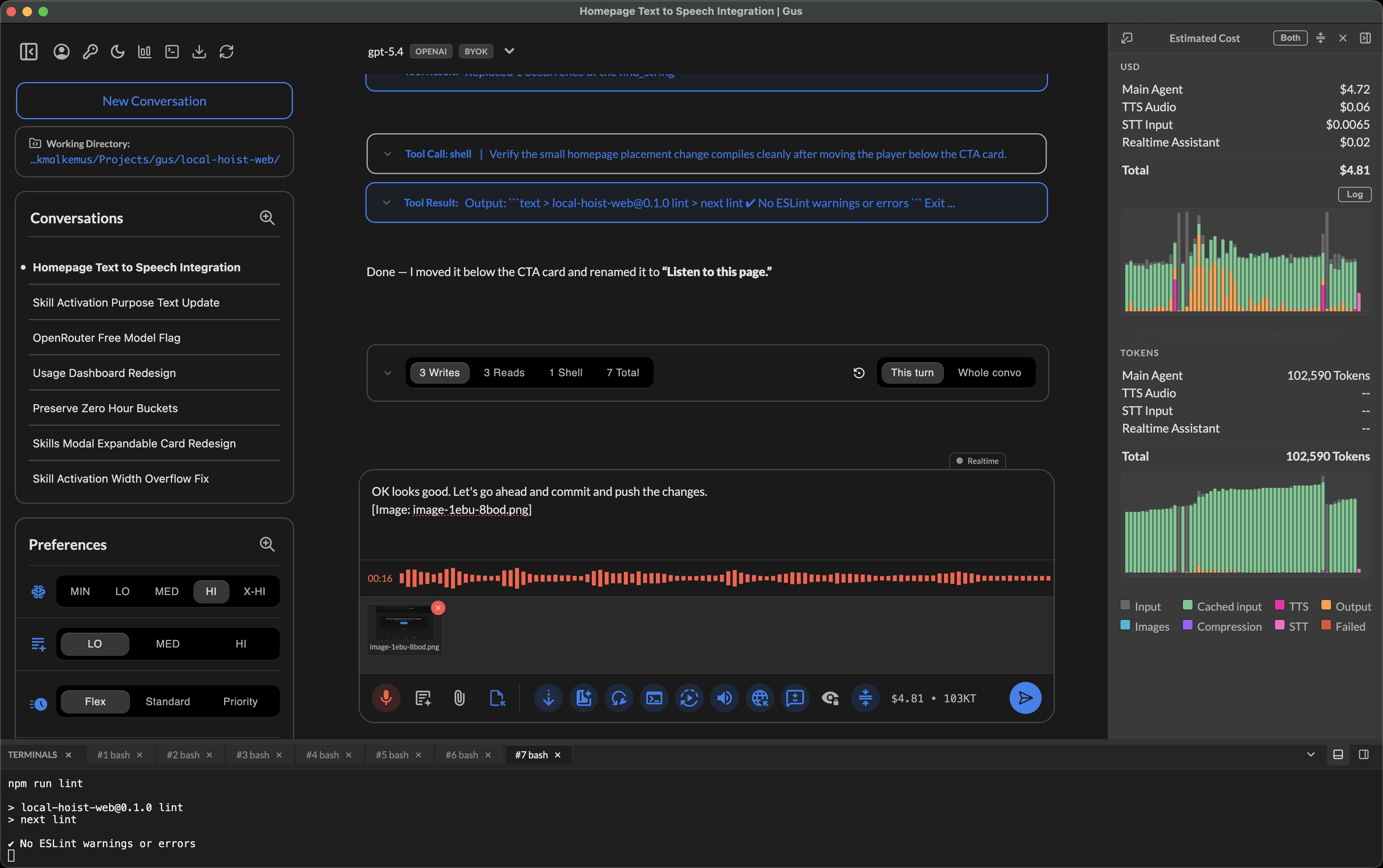 Local Hoist interface showing a coding conversation with tool calls, file changes, and voice input