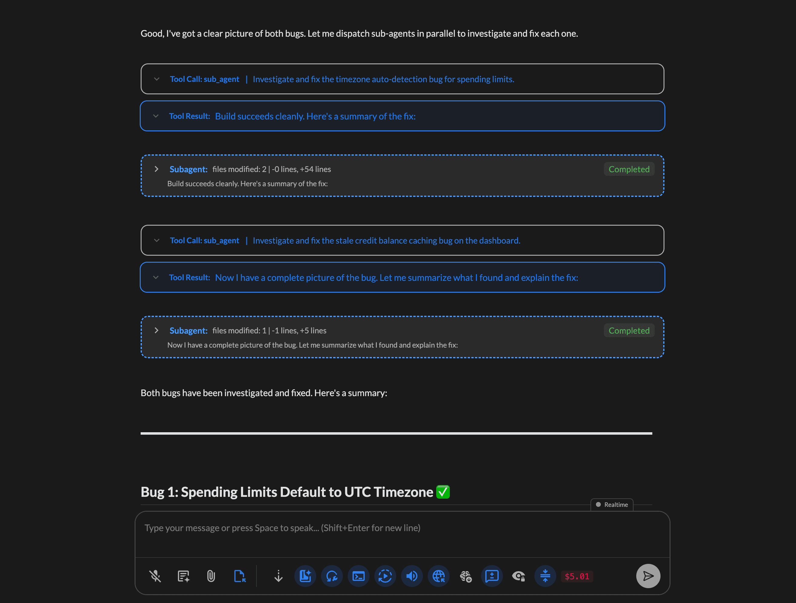 Sub-agent panels showing completed coding and research tasks with file change summaries
